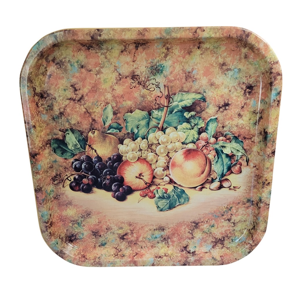 Daher Decorated Ware Vintage Tin Tray England Fruit Still Life Floral Gold Green